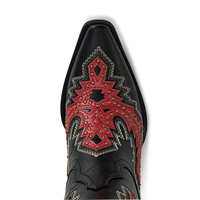 WETKISS Drop Shipping Bottes de cowgirl noires et rouges pour femme, à bout pointu, hauteur genou, cloutées, patchwork, découpées, à talon épais