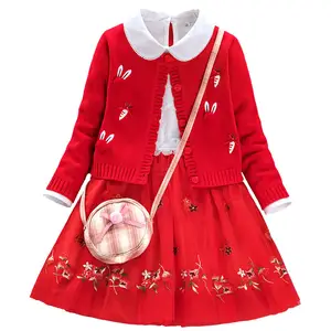 Girls Sweater Suit 2022 Autumn Winter Long Sleeve Knitted Cartoon rabbit Pattern Cardigan Pleated Skirt 2pcs Children Wear