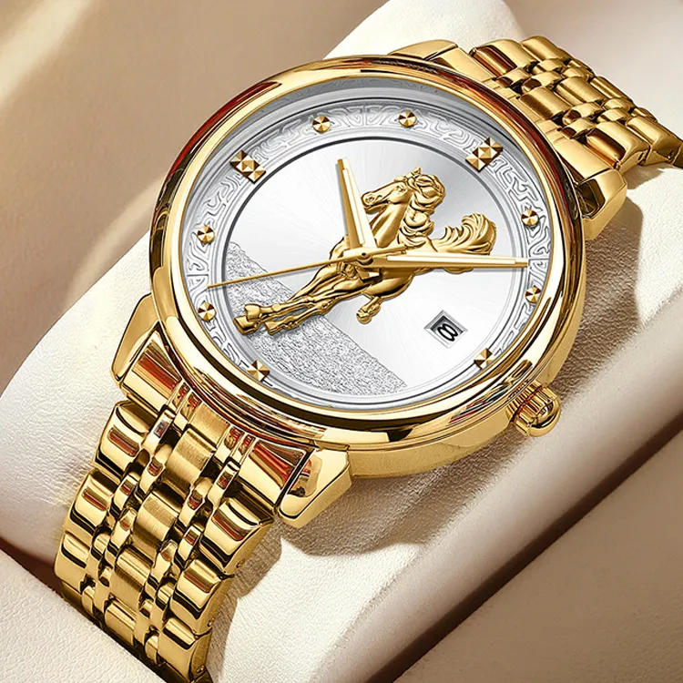 Brand Luxury Gold 3D Horse Dial Wrist Watches Men Silver Stainless Steel Wristwatch Quartz Luxus Herren Uhr