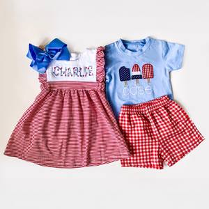 Tenue du 4 <span class=keywords><strong>juillet</strong></span> monogrammée, robe à rayures rouges pour filles, chemise pour garçons, short à carreaux rouges, ensemble pour les <span class=keywords><strong>vacances</strong></span> d'été, tenue assortie pour les frères et sœurs - Product Image 2