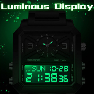 SANDA 6265 Montre électronique carrée à double affichage pour hommes, montre-bracelet étanche multifonctionnelle pour affaires et sports, chronographe, alarme - Product Image 6