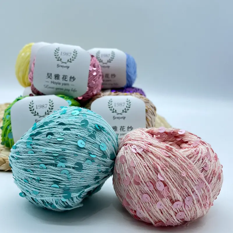 Sẵn Sàng Để Tàu Long Lanh Sợi 3Mm 6Mm 50Gram 115Meter 55% Cotton Sequin paillette Sợi Crochet Sợi Cho Túi Quần Áo Đan