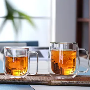 Kahve ve çay severler için kolu ile fabrika toptan çift duvarlı cam bardak
