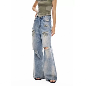 Custom Dirty Wash Blue Ripped Jeans for <b>Women</b> 100% Cotton Fabric Denim <b>Trousers</b> Ladies Vintage Baggy Pants <b>Women's</b> Jeans - Product Image 1