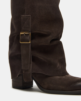 Bottes hautes en daim marron pour femme, style western cowboy, à enfiler, talon épais, pliables, avec boucle
