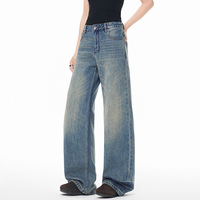 Pantalon décontracté pour homme en denim délavé de style américain rétro, taille haute, coupe droite ample et jambe large, extensible, de haute qualité