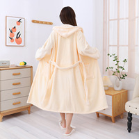 Peignoir à Capuche Rayé XL Automne Hiver pour Femme en Velours Corail Épaissi, Serviette de Bain Portable, Jupe à Manches Longues pour la Maison