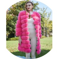 Jaket bulu asli untuk wanita, mantel bulu rubah asli panjang dapat dilepas hangat