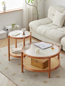 Modern Solid Wood Rattan Round <strong>Coffee</strong> <strong>Table</strong> with Rainbow Glass Top Minimalist Retro <strong>Walnut</strong> <strong>Coffee</strong> <strong>Table</strong> Living Room Furniture - Product Image 2
