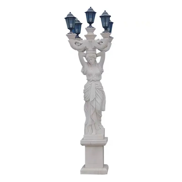 Heißer Verkauf weiße Marmor lampe Statue Dame Garten Marmor antike Statue Lampe hand geschnitzte Marmor lampe Licht Statue