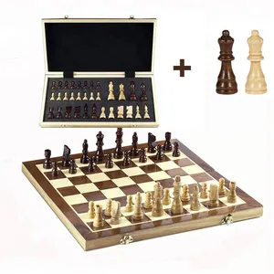 15英寸木制磁性毡制象棋游戏套装木制棋盘内部储物棋子可折叠棋盘2个额外皇后