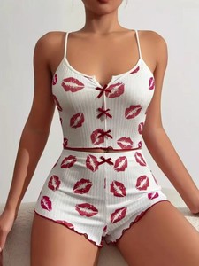 Conjunto de Pijama Sexy de Dos Piezas para Mujer, Top de Satén con Lazo en Forma de Corazón, Pantalones Cortos, Ropa de Dormir Transpirable e Informal para el Hogar - Product Image 4