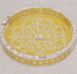 Plateau en bois avec incrustation de nacre bohème pour le Ramadan Eid Mubarak |   Plateau de service flexible artisanal pour aliments, boissons et dattes - Product Image 2