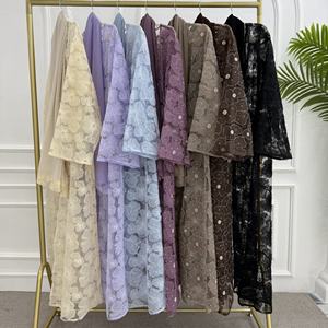Nouvel Abaya de Luxe Fait Main de Dubaï Cardigan en Dentelle Texturée à Fleurs et Perles pour Femmes Musulmanes Robes Modestes avec Hijab Assorti - Product Image 1
