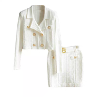 Ensemble tricoté géométrique uni style rétro pour femme, cardigan court à revers double boutonnage à manches longues, jupes slim avec ceinture, imprimé automne