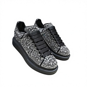 Luxurious diamond-studded fashionable sneakers in black with <b>lace</b>-up design and thick sole. Summer outdoor casual shoes. - Product Image 1