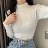 Damesmode Effen Kleur Pullovers Lange Mouwen Stretch Tops Halter Kraag Zachte Dunne Trui Voor Lente Seizoen Platte Gebreide Print