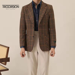 Veste en polyester rétro britannique en <span class=keywords><strong>tweed</strong></span> à chevrons en laine pour hommes, <span class=keywords><strong>blazer</strong></span> rembourré marron à simple boutonnage peigné décontracté et mince - Product Image 6