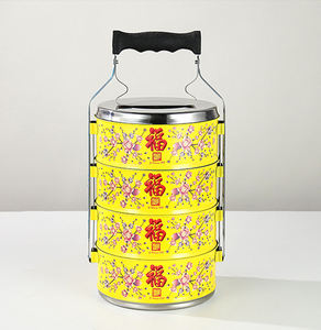 批发圆形搪瓷状喷漆304不锈钢Tiffin午餐盒，带多层便当盒木柄 - Product Image 4