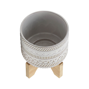 Vaso in ceramica goffrata con supporto in legno, piccolo vaso rialzato per decorazioni domestiche, da tavolo, ingresso, giardino - Product Image 4