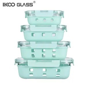 Claro de vidrio de borosilicato contenedor de almacenamiento de alimentos caja de almuerzo bento con funda de silicona comida preparación contenedor resistente al calor