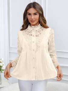 Blusa de Manga Larga de Punto Sólido con Encaje, Nueva Colección Primavera/Verano 2026 para Mujer, en Existencia, Almacén en EE. UU. - Product Image 2