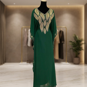 Green African Bridesmaid Party <b>Dress</b> Long Maxi Formal Beaded Satin Natural Waistline Dubai Moroccan <b>Kaftan</b> <b>Women</b> Free Hijab - Product Image 2