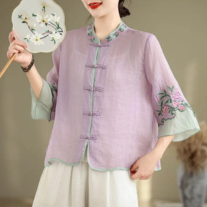 Traditional Chinese Embroidered Cotton Linen Shirt Women Stand Collar Three Quarter Sleeve Loose Fit Color Block Top - Product Image 4