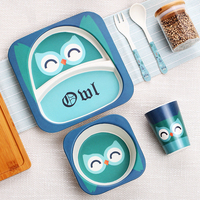 Assiette en fibre de bambou biodégradable non toxique bol tasse fourchette cuillère mignon dessin animé animaux conception enfants ensembles de vaisselle pour enfants