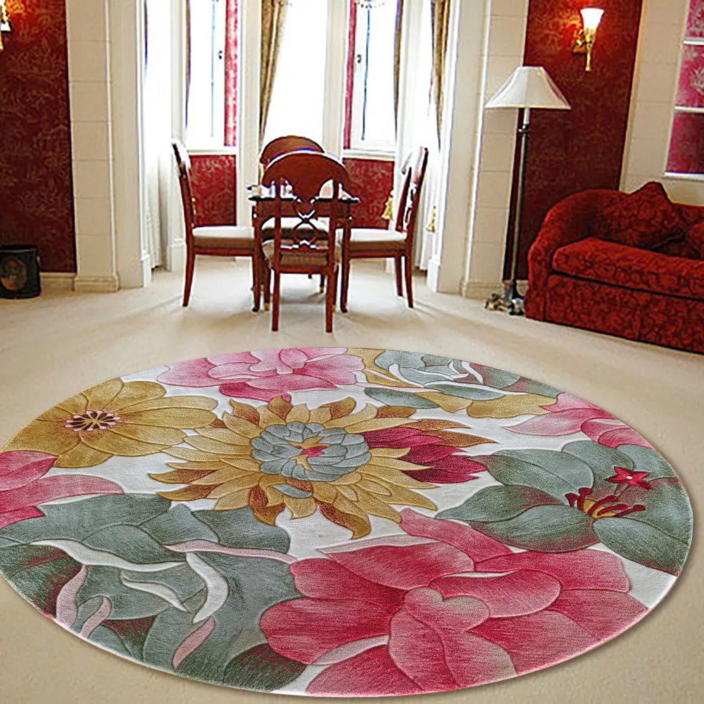 Chinese Floral Pattern Red Handmade Flower Round Rugs and Carpets for Home Living Room