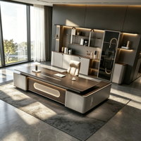 Bureau de direction moderne de luxe pour PDG, grand bureau en forme de L en bois avec éclairage LED et armoire de rangement