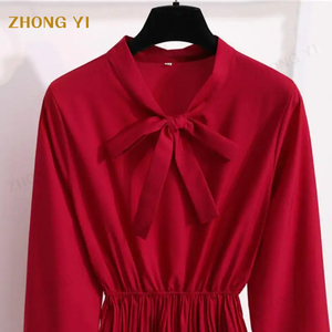 Vestido para <span class=keywords><strong>Mujer</strong></span>, <span class=keywords><strong>Otoño</strong></span> <span class=keywords><strong>Invierno</strong></span> <span class=keywords><strong>2022</strong></span>, Nuevo, Sólido, con Mangas Acampanadas, de Gasa, Cintura Alta, Cuello con Lazo, Estilo Vintage, Línea A - Product Image 5