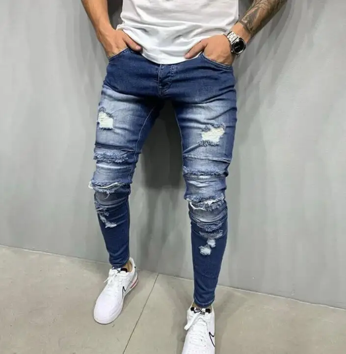 Streetwear शैली पुरुषों की व्यथित नष्ट स्लिम पतलून फट कला पैच डेनिम पतला बाइकर पेंसिल नीले रंग की पैंट जीन्स