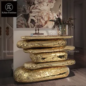 Household furniture Classic Design Luxury Gold Hammered Brass Plated Ancient Book Shape brown Marble Top Console Table