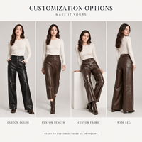 Pantalon large taille haute marron pour femme, aspect cuir, longueur intégrale, boutons sur le devant, poches, personnalisable OEM, vente en gros
