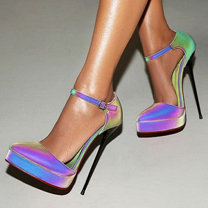 Sandalias de tacón de aguja extremadamente alto con correa al tobillo para mujer, con punta fina, que cambian de color, para escenario, zapatos de plataforma tipo salón. - Product Image 3