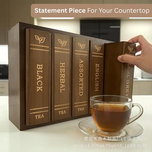 Caja de Almacenamiento para Bolsitas de Té en Forma de Libro de Madera, 10 Etiquetas Deslizantes, Color Marrón Oscuro, Tipo Rectangular Vertical, Organizador para Encimera de Cocina - Product Image 3