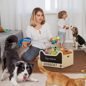 Boîte de rangement en bois pour jouets de chien avec tableau noir, boîte de rangement carrée pour jouets de chat et de chien, panier de rangement en bois pour animaux de compagnie - Product Image 3