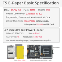 Carte de développement LILYGO T5 4,7'' E-Paper compatible ESP32-S3 WiFi BLE, pour la création d'étiquettes électroniques à faible consommation d'énergie / d'étiquettes de rayonnage