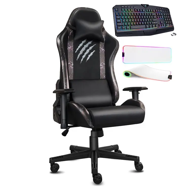 Cadeira de computador ergonômica 2D para jogos, cadeira de escritório reclinável personalizada com tapete RGB para mouse e teclado, couro cinza espanha