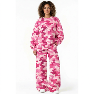 Conjunto de Sudadera y Pantalón para Mujer al por Mayor, Manga Larga, Rosa Camuflaje, Cuello Redondo, Conjunto Holgado para Descansar - Product Image 1