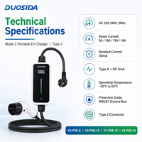 Cargador para Vehículos Eléctricos DUOSIDA Tipo 2 IEC 62196-2 Modo 2, 16A 230V Ajustable 6A 8A 10A 13A 16A, CE TUV OEM para el Mercado Europeo