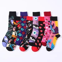 Chaussettes mi-hautes tendance en coton, motif lèvres rouges et yeux, collection printemps-automne, nouveauté colorée et joyeuse, vente en gros