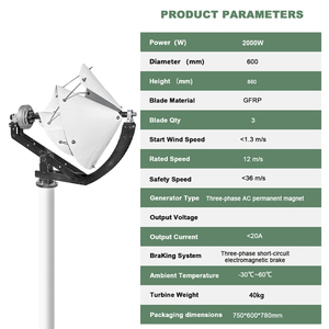 Smaraad Nuevo Diseño de Aerogenerador de Eje Horizontal de 2KW, Diámetro del Rotor de 0.6m, Uso Doméstico, 12V/24V/48V Personalizable, Fibra de Nylon, CE YM-R-2000 Sma - Product Image 1