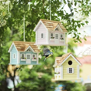 Factory Custom Hot Sale Balcony Decoration Natural Small Wooden Bird House Wood Hanging Wooden Bird Feeder For Outside/