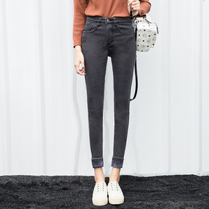 Vente en gros de pantalons en denim épais et velours slim et droits pour femmes, fermeture à glissière, pantalons longs confortables et décontractés, automne-hiver - Product Image 4