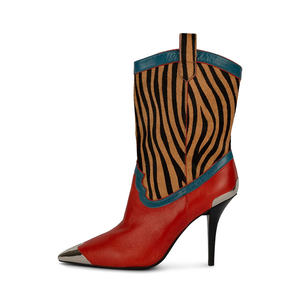 Botas de tacón medio de estilo occidental para mujer, botines rosas con punta de metal, zapatos de cuero vaquero - Product Image 5