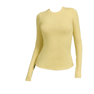 Camiseta de Yoga de Manga Larga para Mujer, Cuello Redondo, Ajustada, Tejida, Ropa Deportiva para Entrenamiento y Descanso - Product Image 1