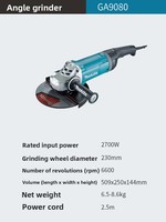 Meuleuse d'angle Makita GA9080FX1 2800W 230mm (9 pouces) avec interrupteur à gâchette et frein mécanique, pour travaux lourds de découpe et de meulage du métal