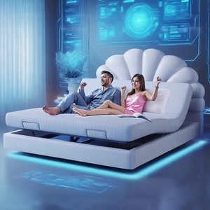 <span class=keywords><strong>Lit</strong></span> double en cuir à pétales motorisé et <span class=keywords><strong>suspendu</strong></span> électriquement - Design moderne, écologique, hauteur réglable pour le confort des couples - Product Image 2